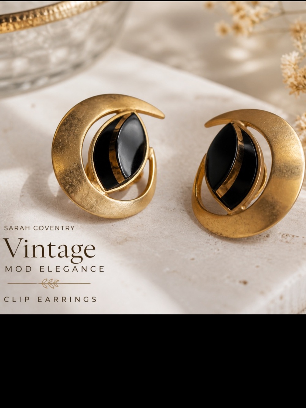 Sarah Coventry Gold and Black Crescent Clip Earrings